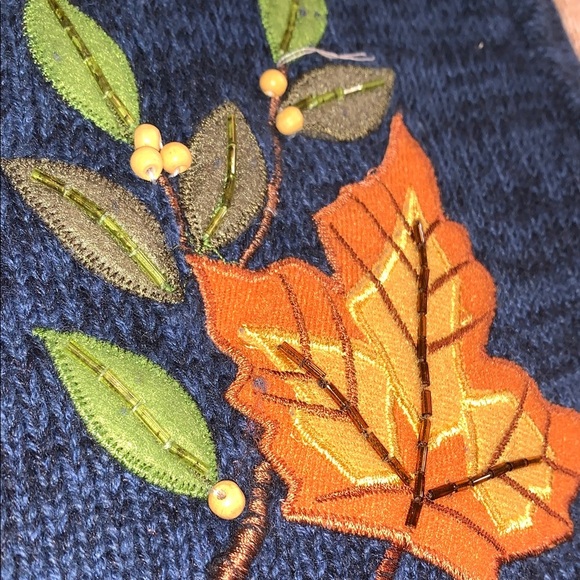 Vintage Fall Autumn Thanksgiving Blue Patchwork Embroidered Knit Zip Sweater 1X - Picture 14 of 16